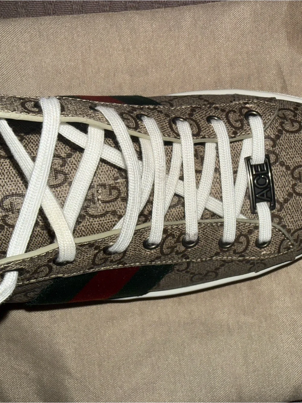 Gucci Brown GG Canvas Sneaker with White Laces and Green-Red Web